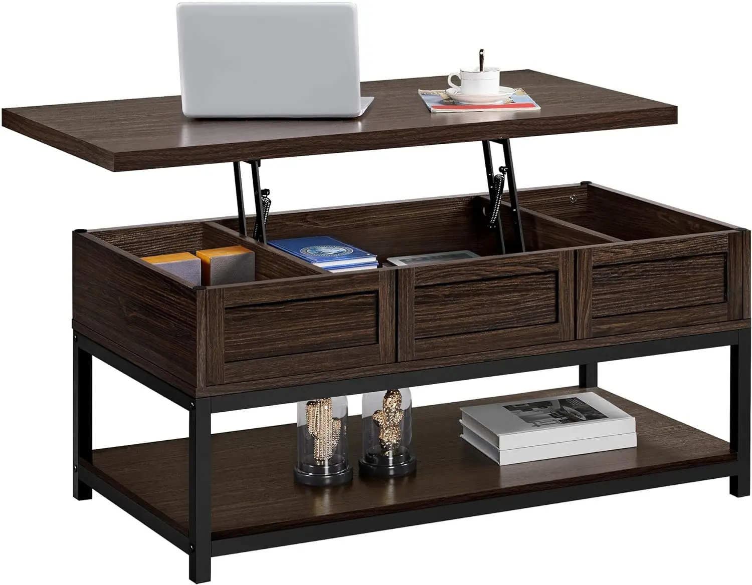 

Lift Top Coffee Table with Hidden Compartments &Bottom Open Shelf,Lifting Tabletop Center Table for Home Room Reception,Espresso