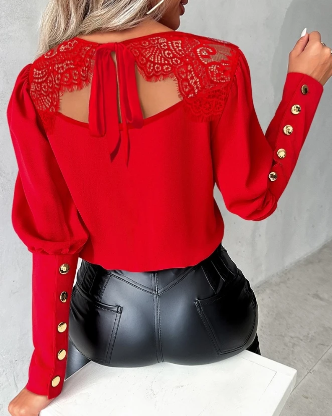 Blusa casual lisa com o pescoço longo para mulheres, remendo de renda para cílios primavera, botão de detalhe amarrado, blusa diária, roupas Y2K,