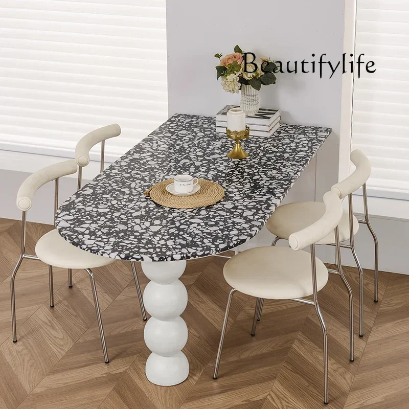 French Style Terrazzo Cream Style Semi-Oval Marble Dining-Table Acrylic Suspension Kitchen Island Dining Table