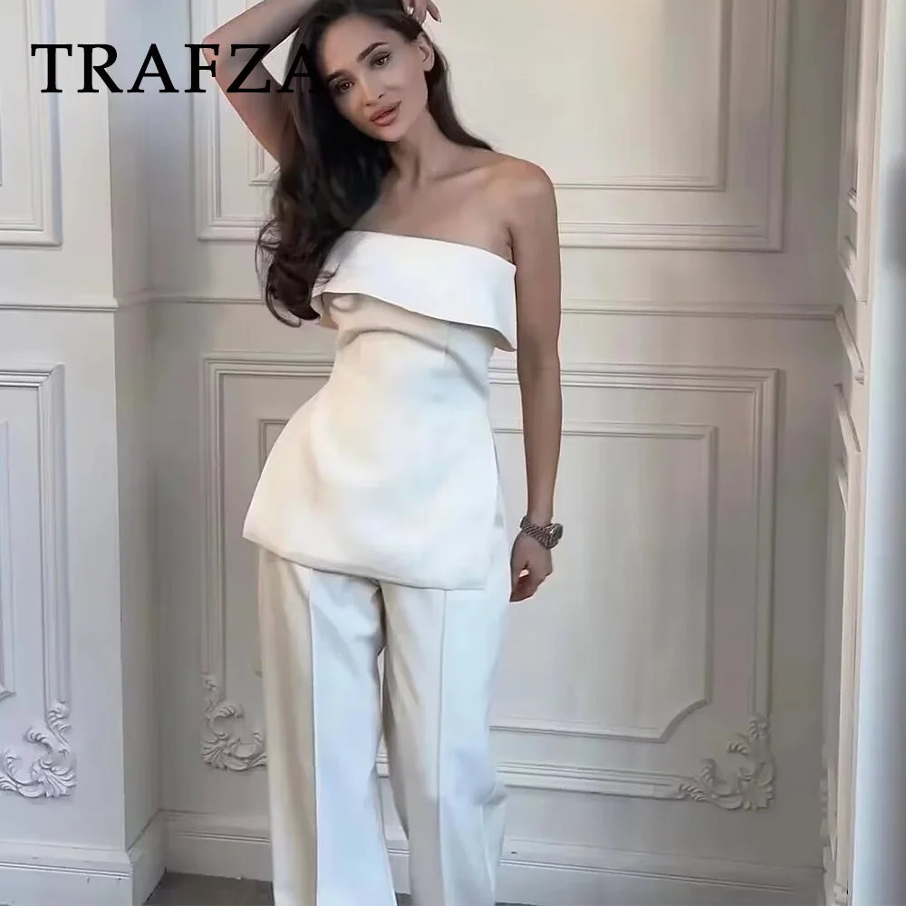 TRAFZA 2024 Spring Summer Women Elegant Solid Suit Fashion Casual Strapless Sleeveless Slim Short Tops+High Waist Zipper Pants