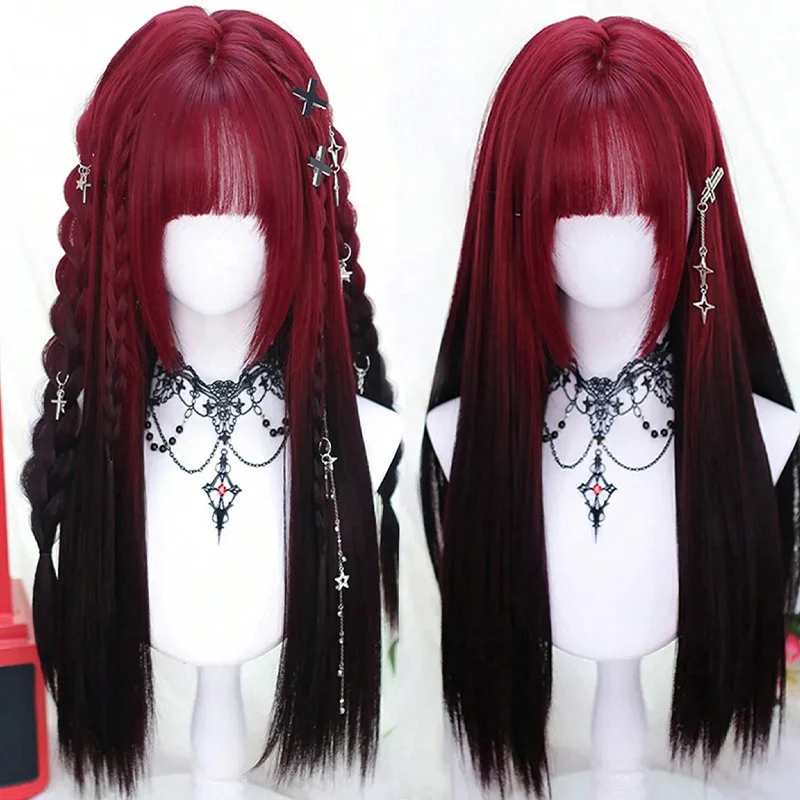 Red and black gradient long straight hair women's synthetic wig fashionable hot girl Y2k suitable for Christmas cosplay party