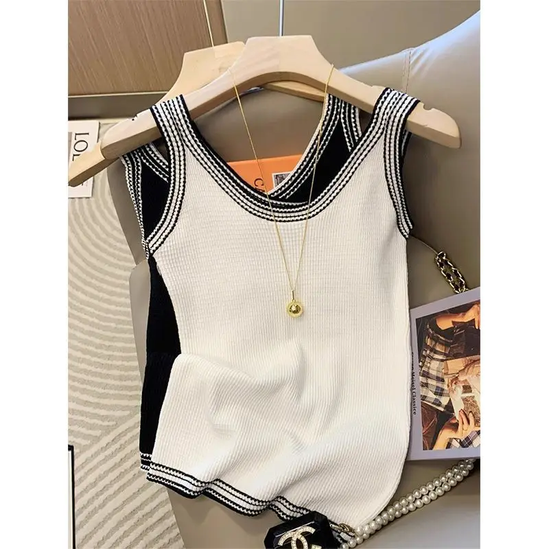 Color Blocking Sling Women Summer Comfortable Extravasation French Ice Shreds Knitting Sleeveless Off Shoulder All-match Tops