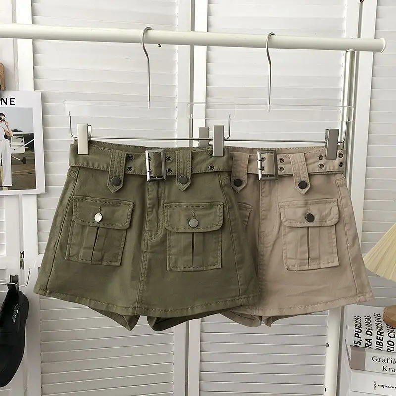 

High Waist with Belt Denim Skirt Women Korean A-word Elastic Hip-wrapped Short Skirt Culottes with Pockets