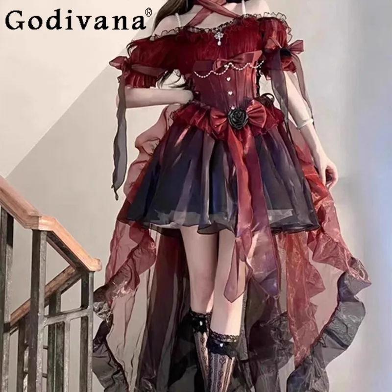 

Black and Red Floral Wedding Dress Women's Lolita Strap Puffy Princess Dress Female Sweet Lolita Birthday Party Dress