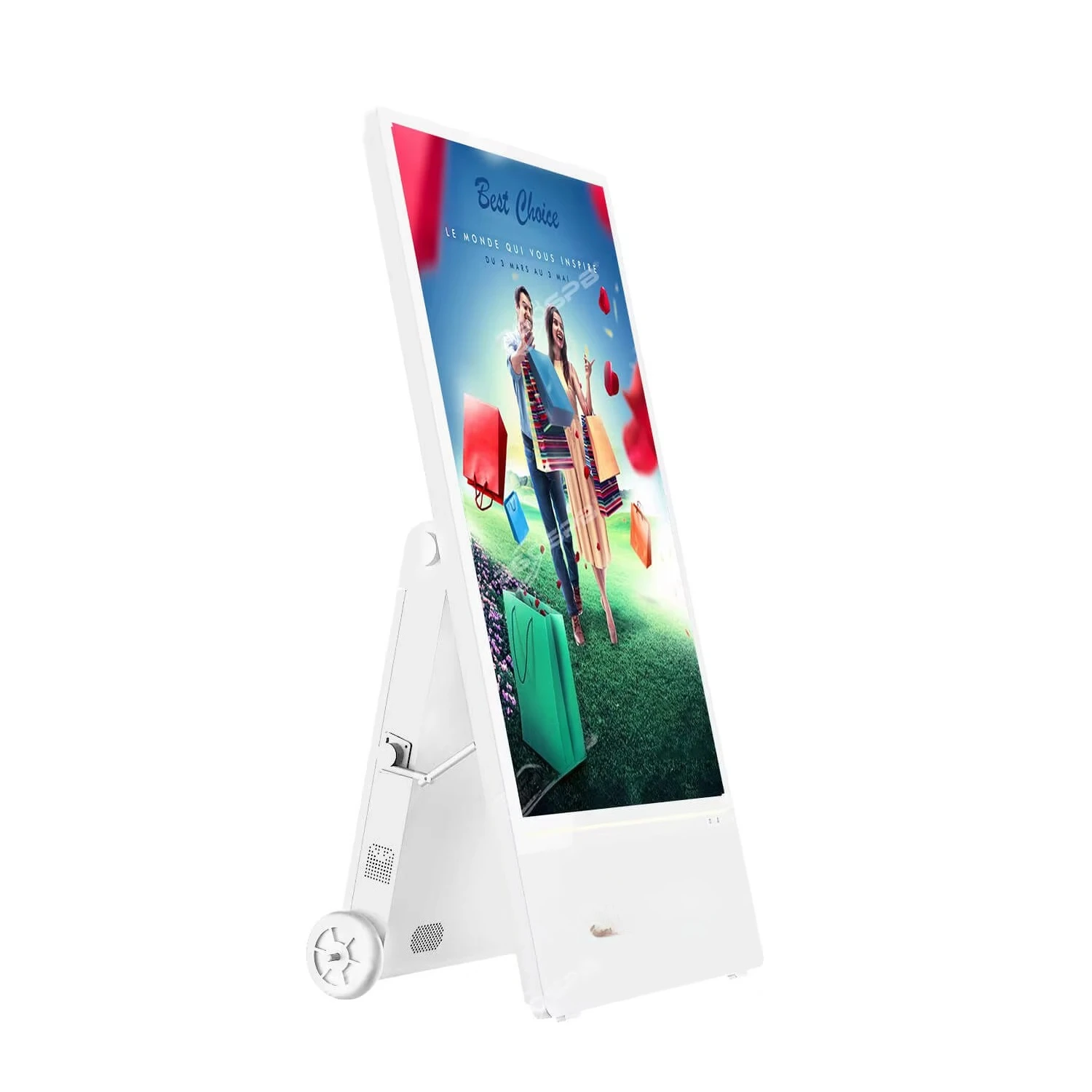 Mobile Digital Signage Display IP65 Outdoor Android 11 OS Locking Wheels Tempered Anti-Glare LCD Shopping Mall Wayfinding