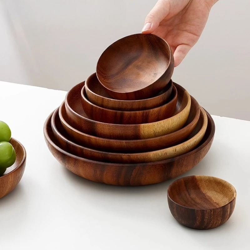 صينية خشب السنط، وعاء وطبق مستدير من الخشب الصلب للاستخدام المنزلي، طبق تقديم الكيك والحلوى، وعاء من الخشب الصلب #1