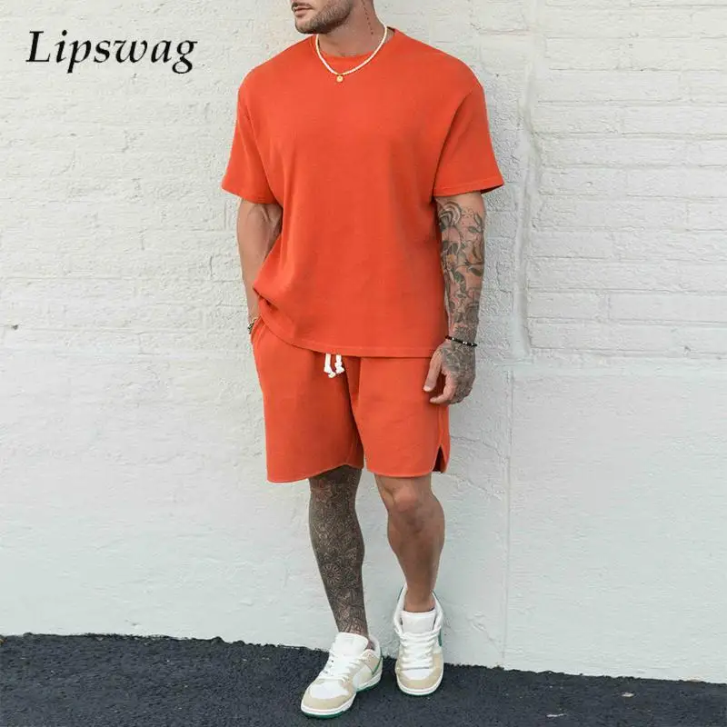 

Fashion Mens Two Piece Suits Casual Simple Solid Color Waffle Breathable Outfits Men Sports Short Sleeve T Shirt And Shorts Sets