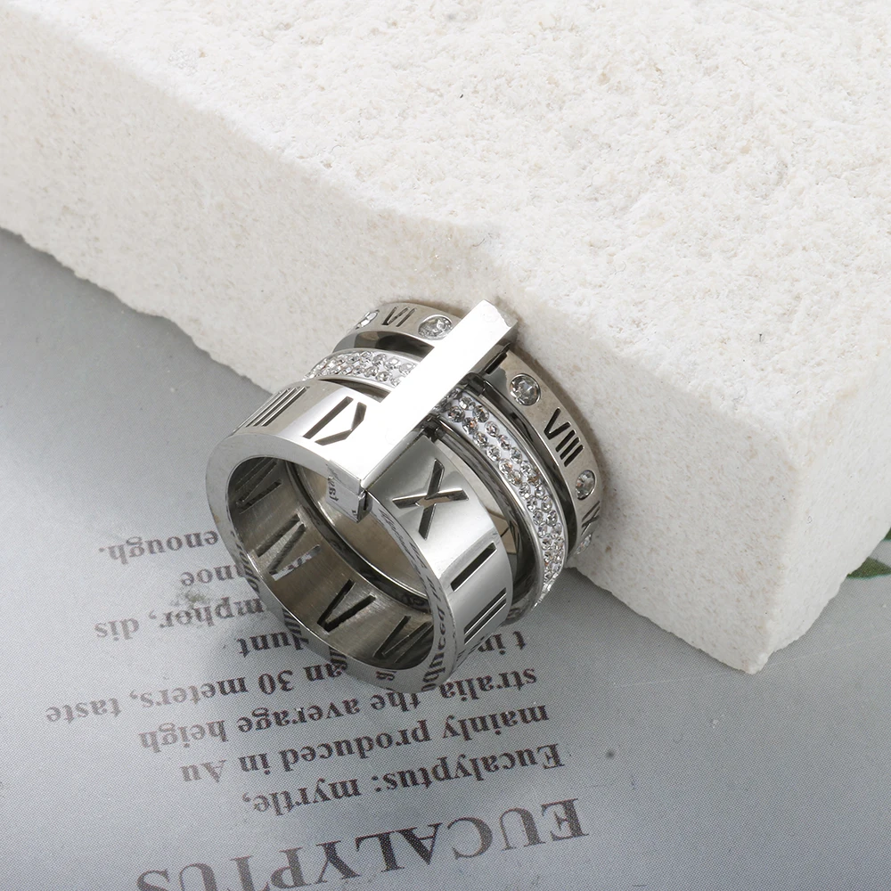 Drei Schichten Römischen Ziffern Ring für Frauen Luxus Edelstahl Drehbare Kristall Finger Ringe Weibliche Hochzeit Trendy Schmuck – Detail 11