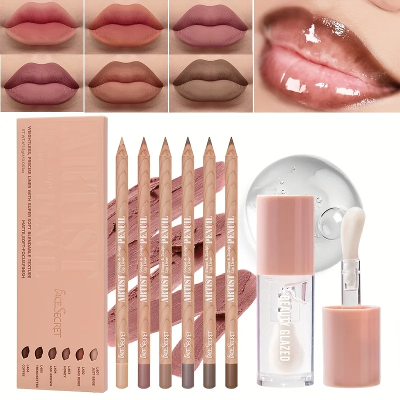 Set di 7 matite per labbra + olio per labbra combinato labbra opaco impermeabile sia per labbra e occhi olio per labbra con set di matite per labbra marroni