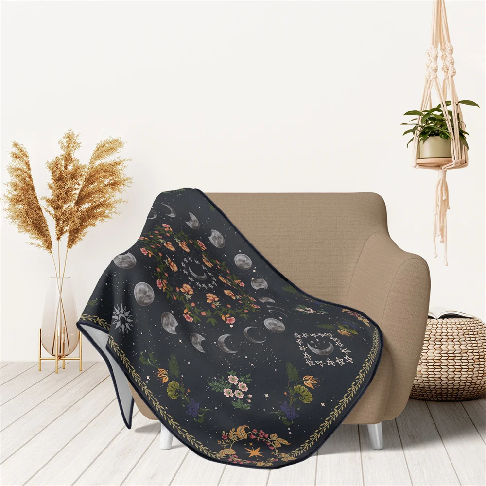 Boho Ethnic Foral Moon Stars Sun Pattern Floding Blanket Soft Warm Flannel Throw Blanket Home Sofa Couch Chair Cover Tapestry