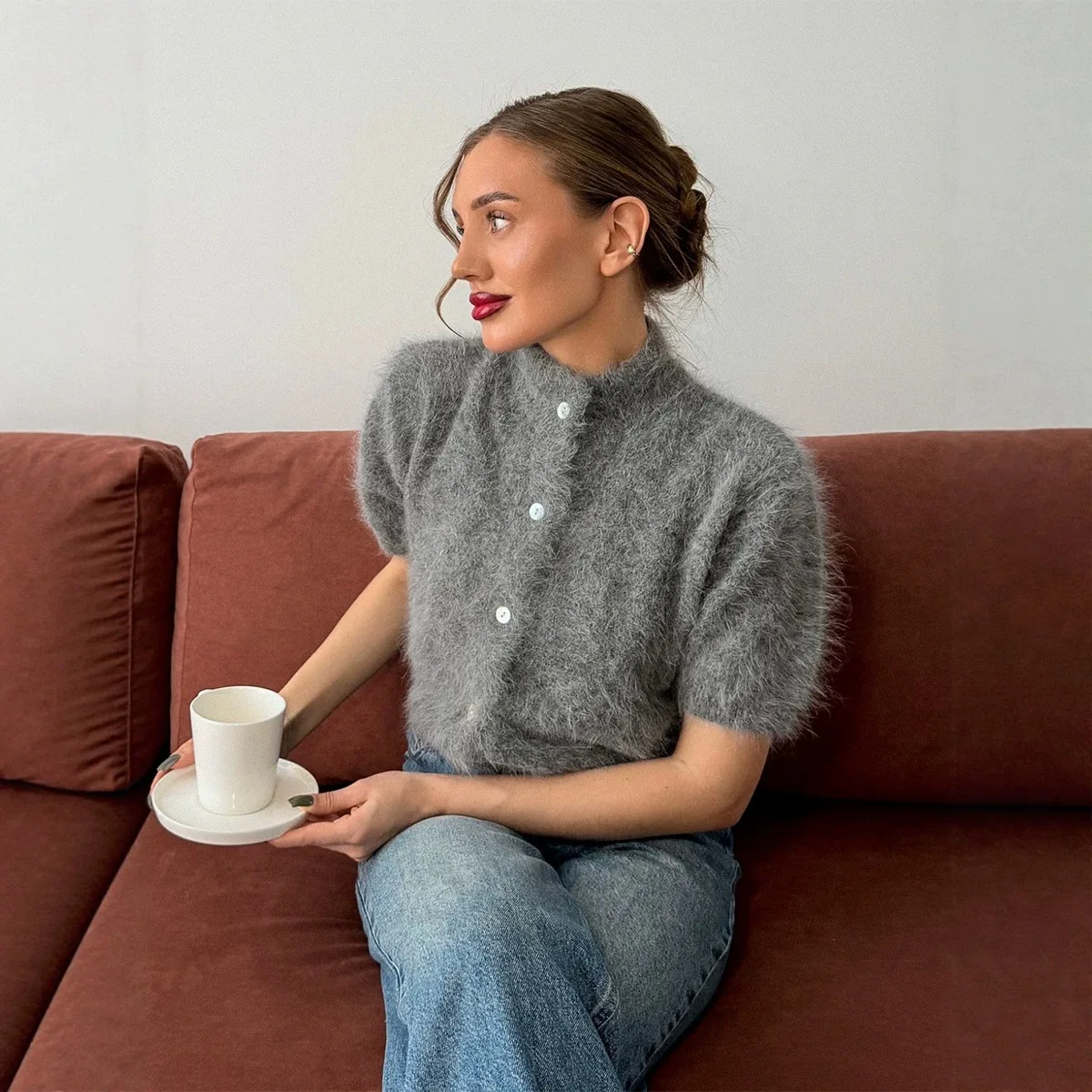 Women Elegant Cardigan Short Sleeved Fashionable Single Breasted Plush Slim Fit Top Suitable for Casual Daily Wear 2