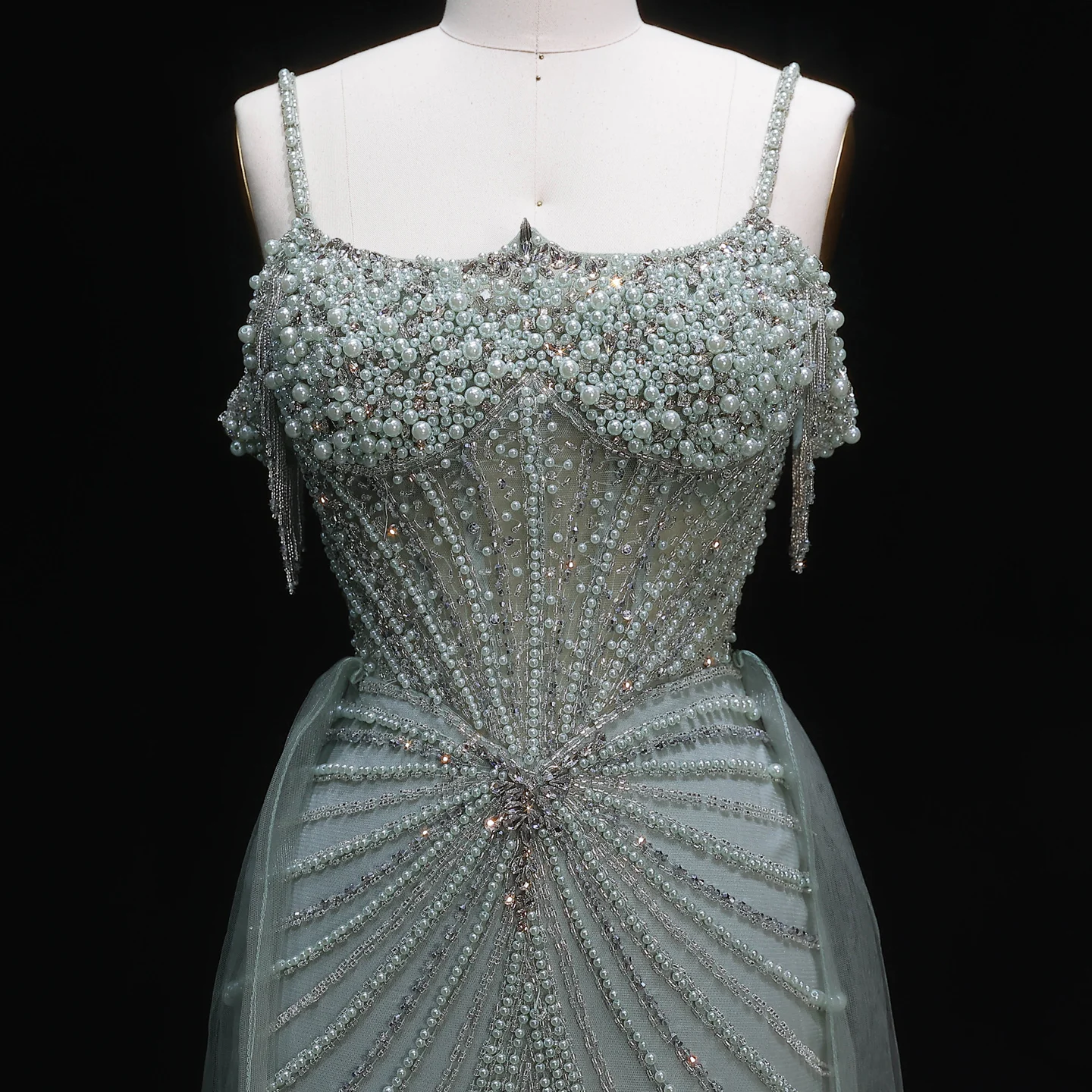 Sharon Said Luxuriöses Perlenbesetztes Meerjungfrauen-Abendkleid mit Off-Shoulder-Design, Quasten-Überrock, Arabisches Damen-Abendkleid SS121, Maßanfertigung – Detail 21
