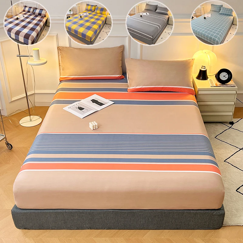 

Cotton Fitted Sheet with Elastic Bands Non Slip Soft Adjustable Mattress Cover for Double King Queen Bed Non-Slip Solid Color