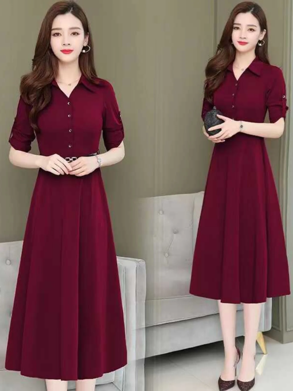 

Extra Large Women's Mid-Length Collar Dr Korean Sle Slim Fit Ele Mrs Wide Simple Skirt Commute Polyester Fiber