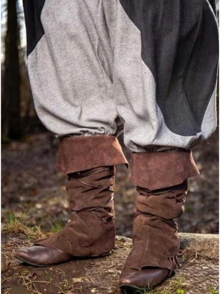 Mittelalterliche Wikinger-Ritter Lederbeinschutz Steampunk Stiefel Schuhüberzüge Erwachsenen-Rollenspiel-Kostüm Riemchen-Hochstiefel Requisiten 2025 – Detail 1