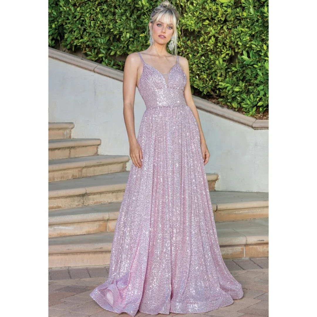 

Sparkly Sequins Spaghetti Straps Prom Dresses V-neck Pleat A-line Ruched Plain Cocktail Birthday Party Dress Modest Evening Gown