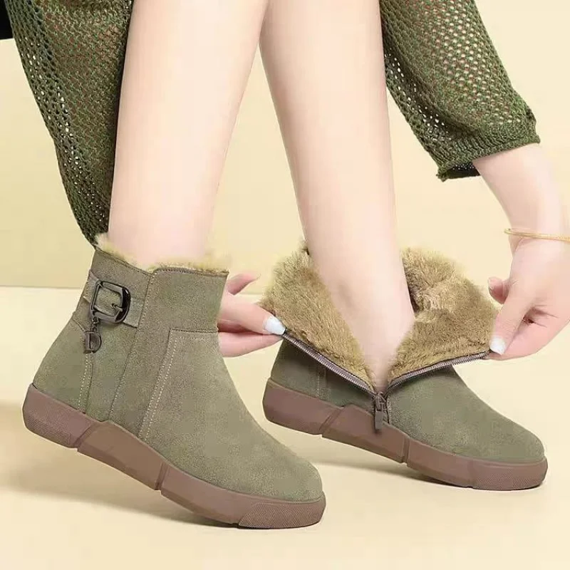 

2025 Winter New Women's Suede Snow Boots - Plush Collar Warm Shoes, Platform Cotton Boots with Side Zipper and Metal Buckle