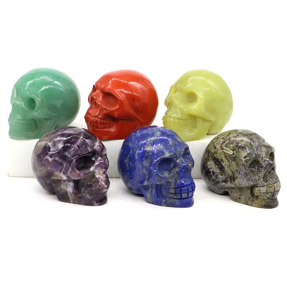 50mm Skull Head Statue Natural Stones Healing Crystal Amethyst Rose Quartz Gemstones Carved Ore