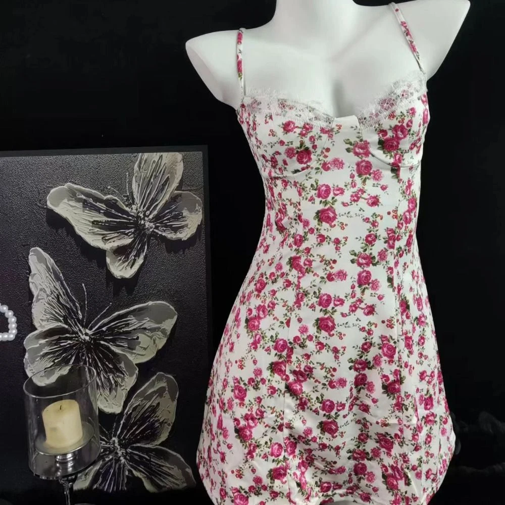 

Sweet with Pad Trim Flower Nightwear Dress Sleeveless Korean Lace V Neck Nightgowns Slim Fit Sleepwear Pajamas Dress Girl