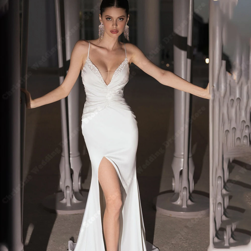 Sexy V-Neck Sleeves Women Wedding Dresses Side High Split Mermaid Mopping Length Bridal Gowns Custom Made Vestidos De Noiva 2024