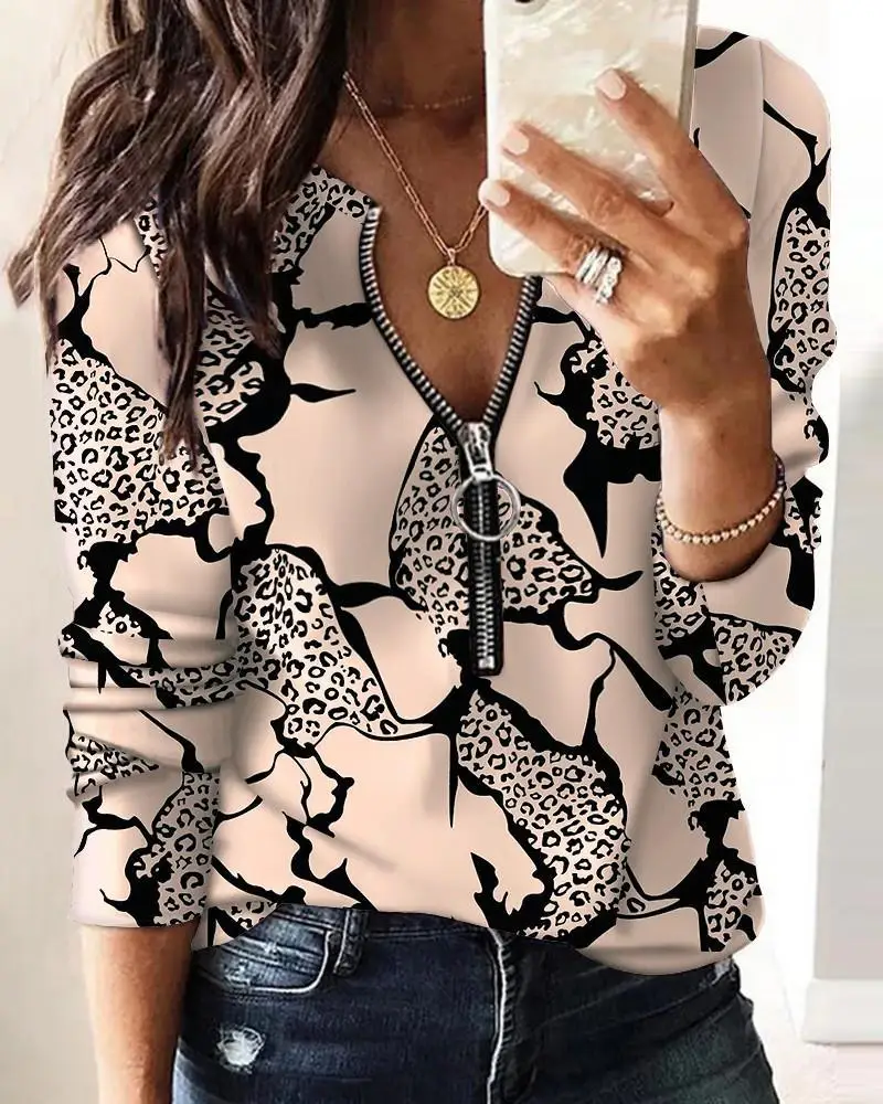 Spring Elegant Women's Zipper Blouse Tops Spring Casual Print Long Sleeve Pullover T-shirt Women Shirts 2024 New Female Clothing