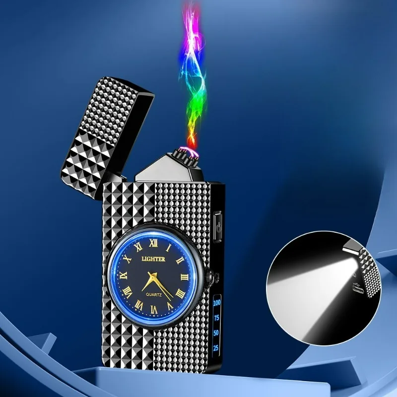 Nuevo Encendedor de reloj electrónico creativo Langsheng encendedor de Metal directo llama azul a prueba de viento regalo encendedor de cigarrillos