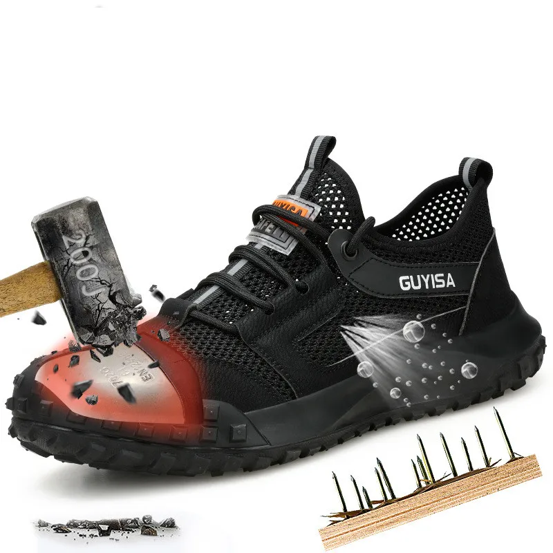 mens casual summer safety shoes breathable working sneakers worker steel toe caps boots black stylish security footwear protect image 3
