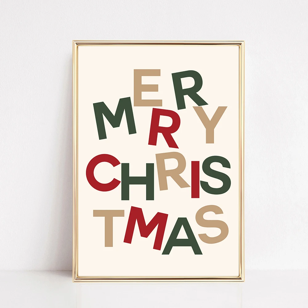 Boho Minimalist  Canvas Poster Print, Trendy Colorful Merry Christmas Letter Sign Wall Art, Perfect for Living Room, Bedroom,