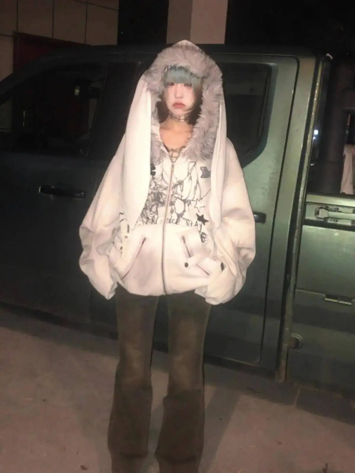 

Women's Subculture Hooded Coat Top Winter Autumn Fur Collar Rabbit Ears Niche Design Loose Cotton Hoodies Cardigan