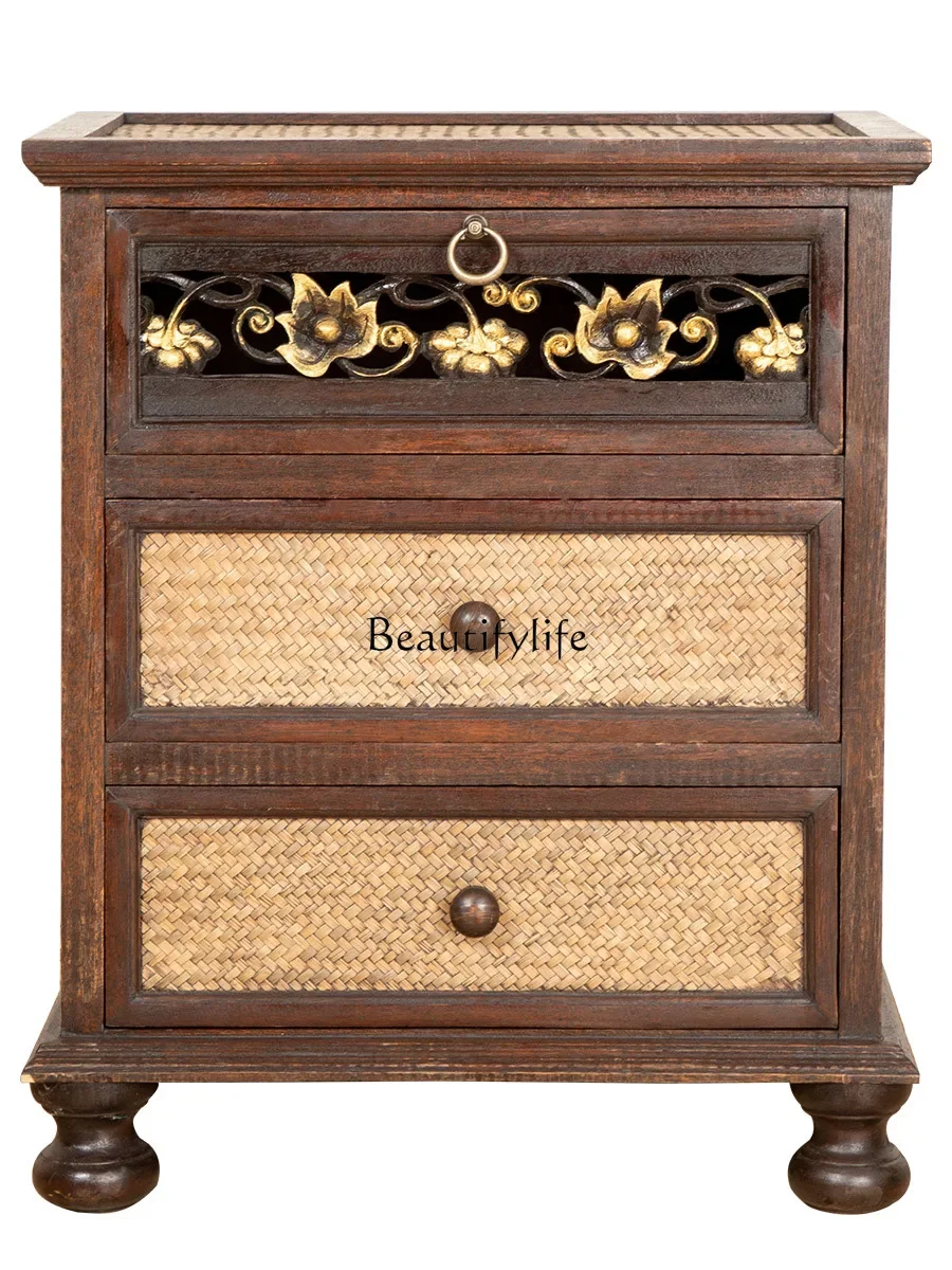 

South East Asia style bedside table Chinese solid wood rattan storage cabinet retro simple