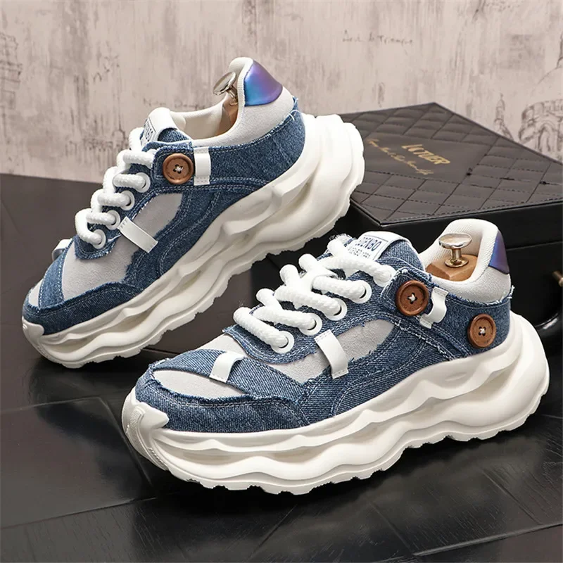 Fashion Blue Denim Casual Sneakers Men Original Designer Platform Shoes Men Increase Heel Hip Hop Chunky Sneakers Mens Trainers