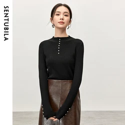 SNTUBILA Slim Fit Dzianinowe Wełniane Pulowery Dla Kobiet 2024 Jesień Mock Neck Długi Rękaw Pearl Cup Solid Basic Women Tops W43E57250