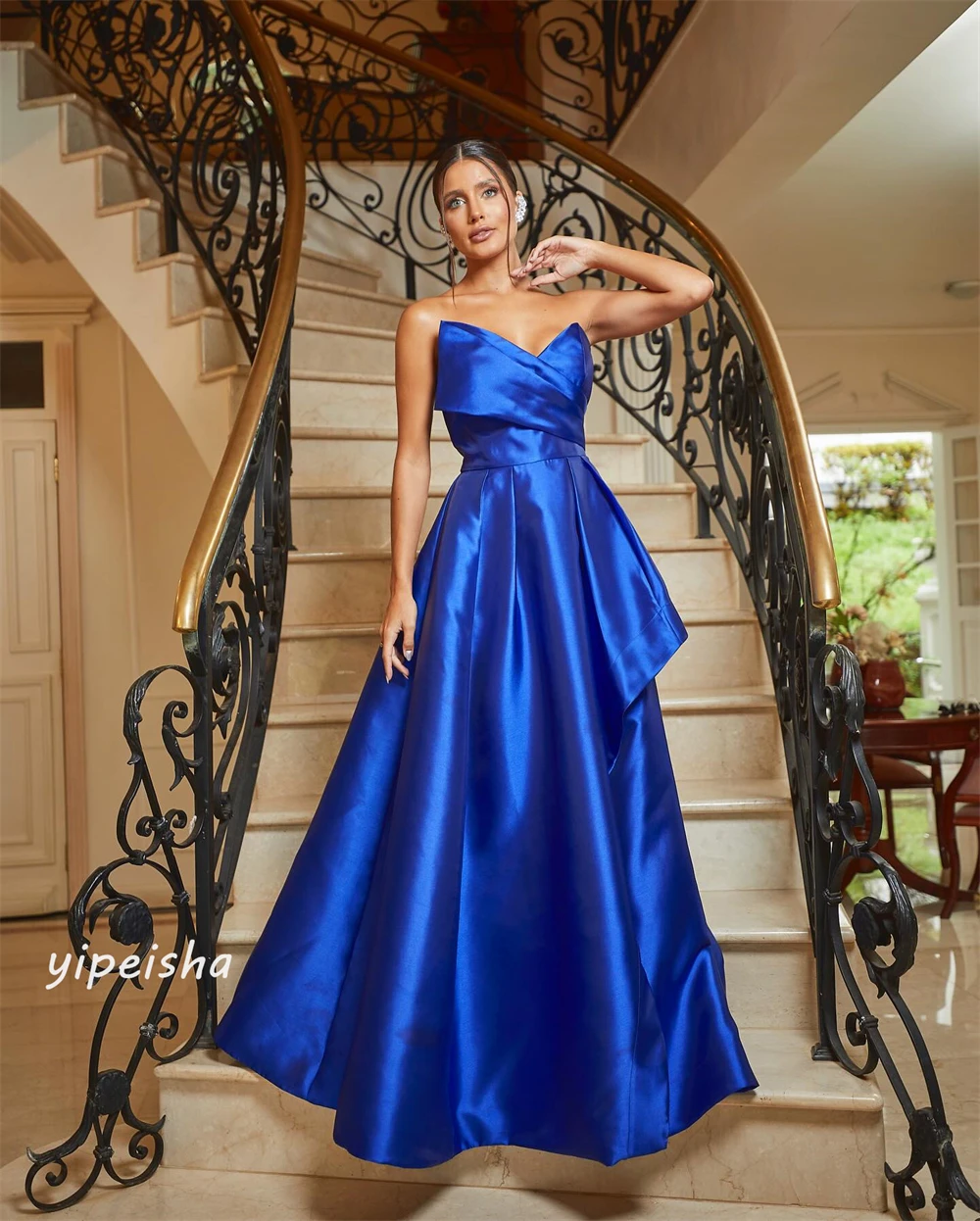 Satin Draped Pleat Ruched Graduation A-line Strapless Bespoke Occasion Gown Long Dresses