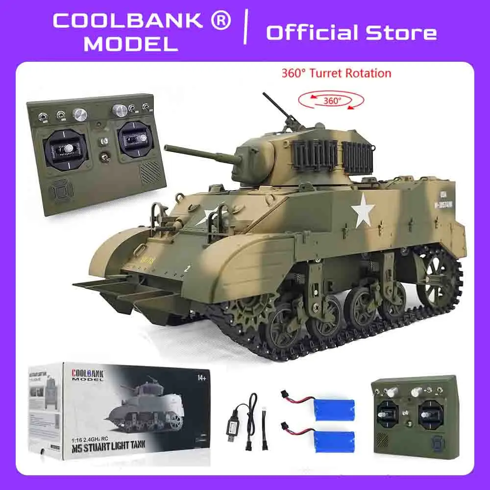 

1:16 RC Tank US M5A1 StuartRemote Control Tank Model Toy for Adult Kids with led Lights Smoke, Barrel Lifting Turret 360° Rotate