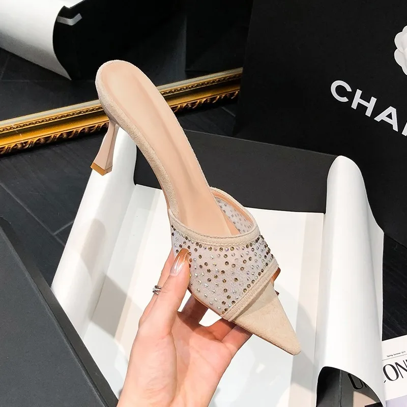 

Fashionable Versatile High Heel Slippers Pointed Toe Rhinestone Decorated One-piece Strap Sandals Casual Elegant Ladies Shoes