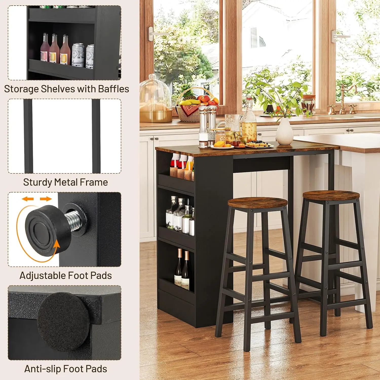 3-Pieces Dining Table Set, 36-Inches Rectangular Kitchen Table and 2 Barstools with Storage Shelves, Counter Height Table Set fo