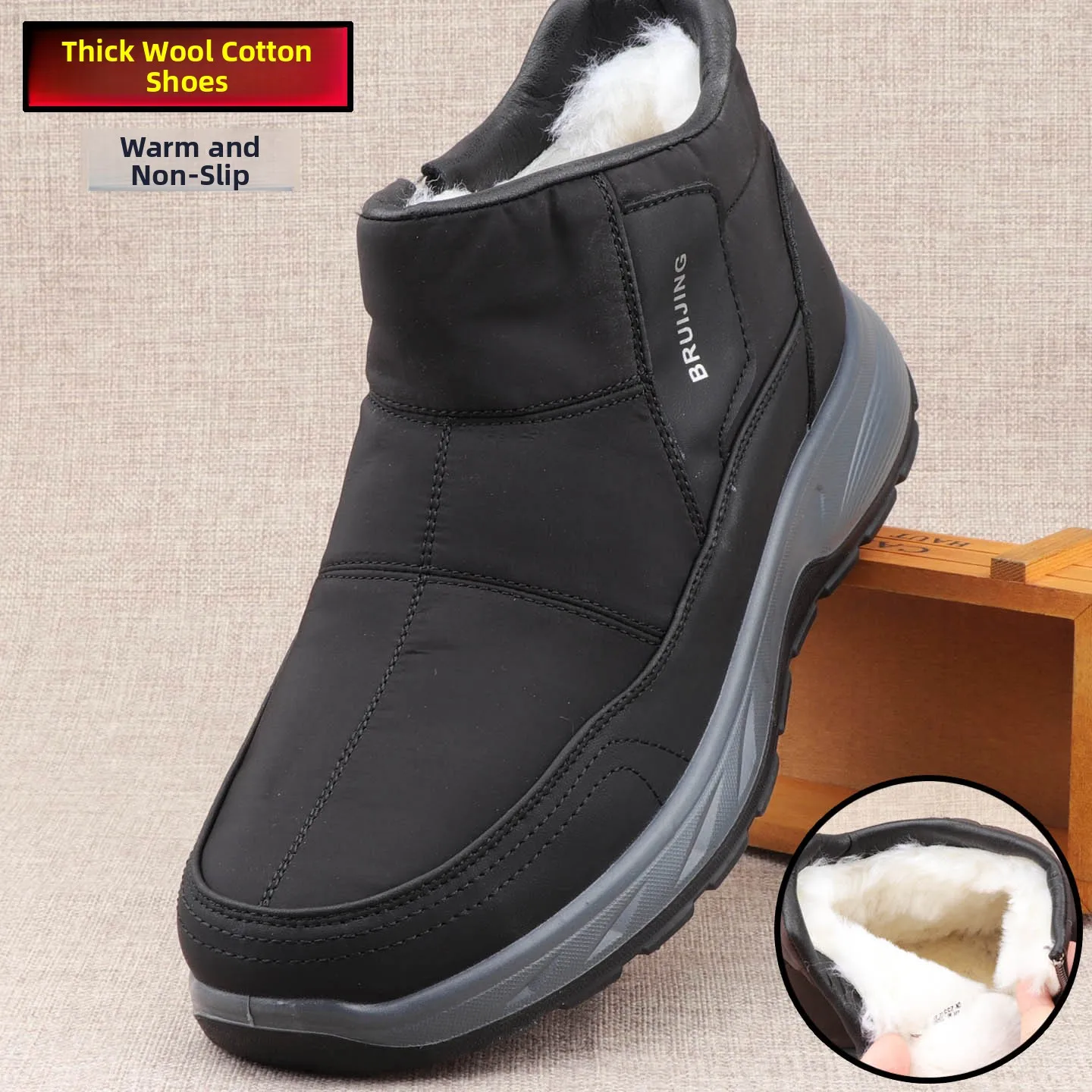 

Thiened Winter Woolen Boots Men's Cotton Boots Waterproof Non-slip Dad Snow Boots Leather Fur Inteated Wear-resistant