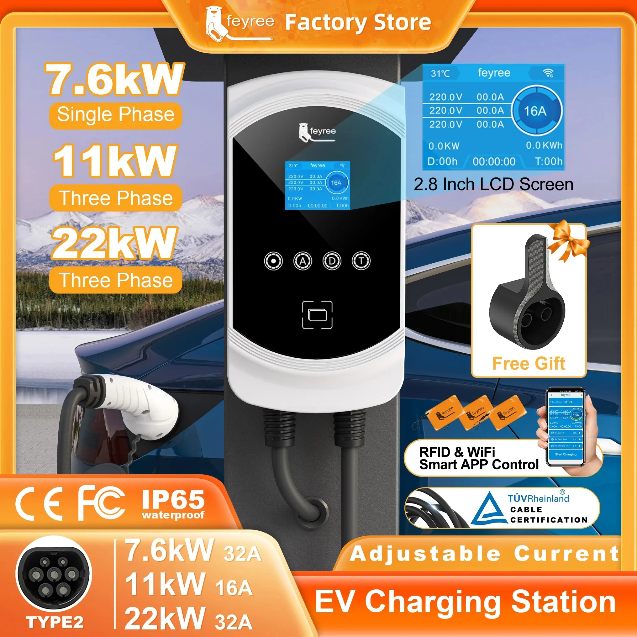 Feyree EV chargeur APP contrôle 32A 7.6KW véhicule électrique chargeur de voiture EVSE Wallbox 11KW 22KW 3 phases Type2 câble prise IEC62196-2