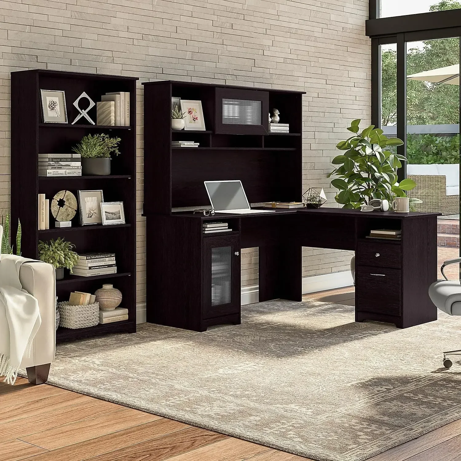 Bush Furniture Cabot 60W L Shaped Computer Desk with Hutch and 5 Shelf Bookcase in Espresso Oak