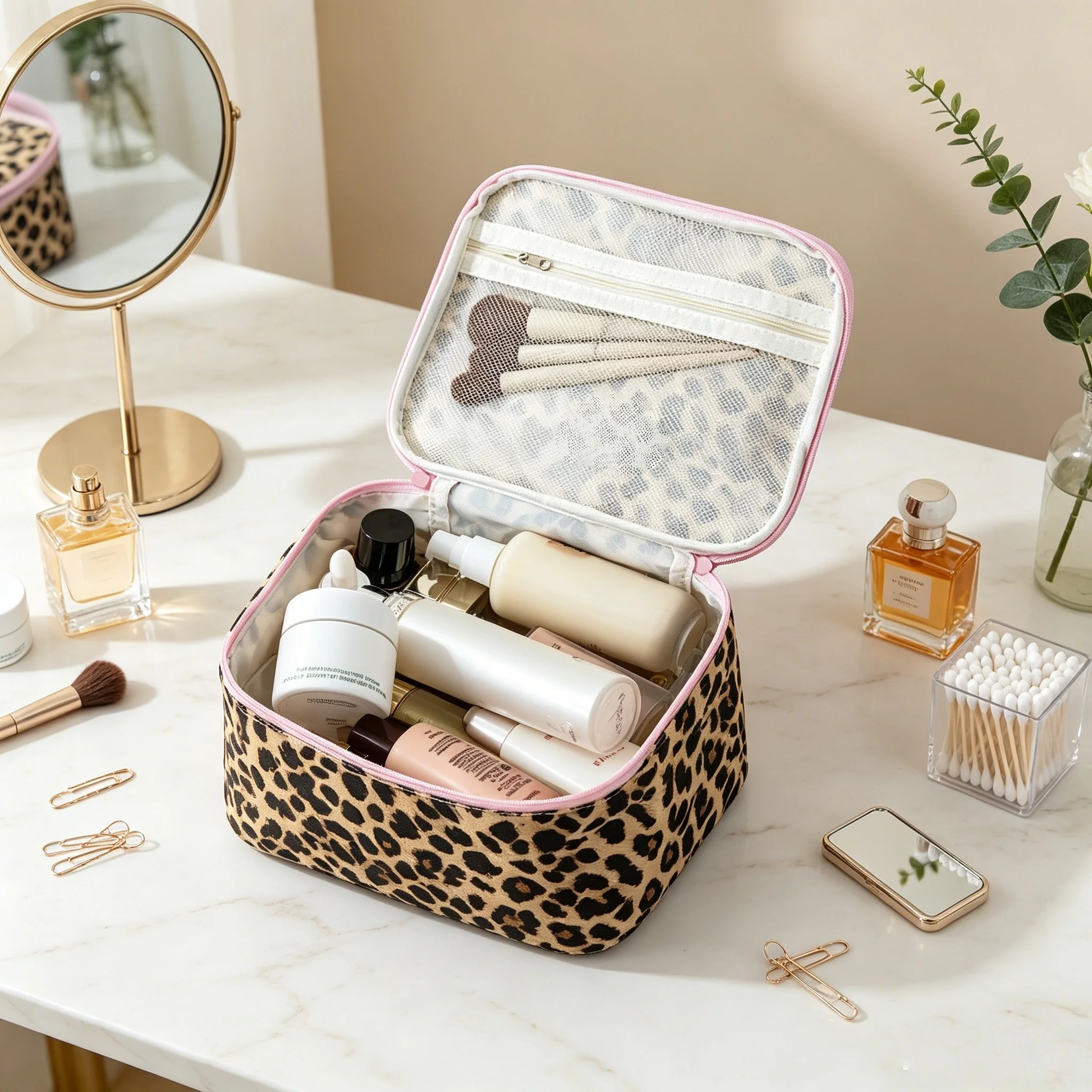 Kosmetiktasche mit Leopardenmuster, gesteppt, großes Fassungsvermögen, mit Reißverschluss, tragbare Reise-Kulturtasche, Aufbewahrungsbeutel für Hautpflegeprodukte – Detail 1