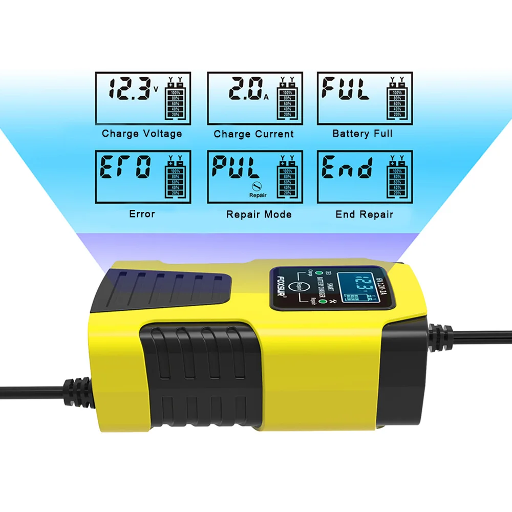 Cargador de batería de coche, 3 etapas de carga, enchufe europeo, pantalla LCD Digital, cargadores de reparación de pulso de potencia completamente automáticos de 6V/12V 2A