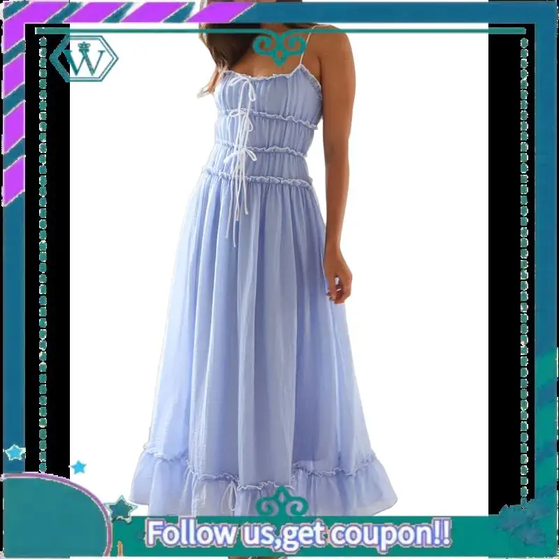 A09P Abito estivo da donna 2025 Casual senza maniche con cinturino per spaghetti RIC Rac Trim Abito lungo da spiaggia con volant smock