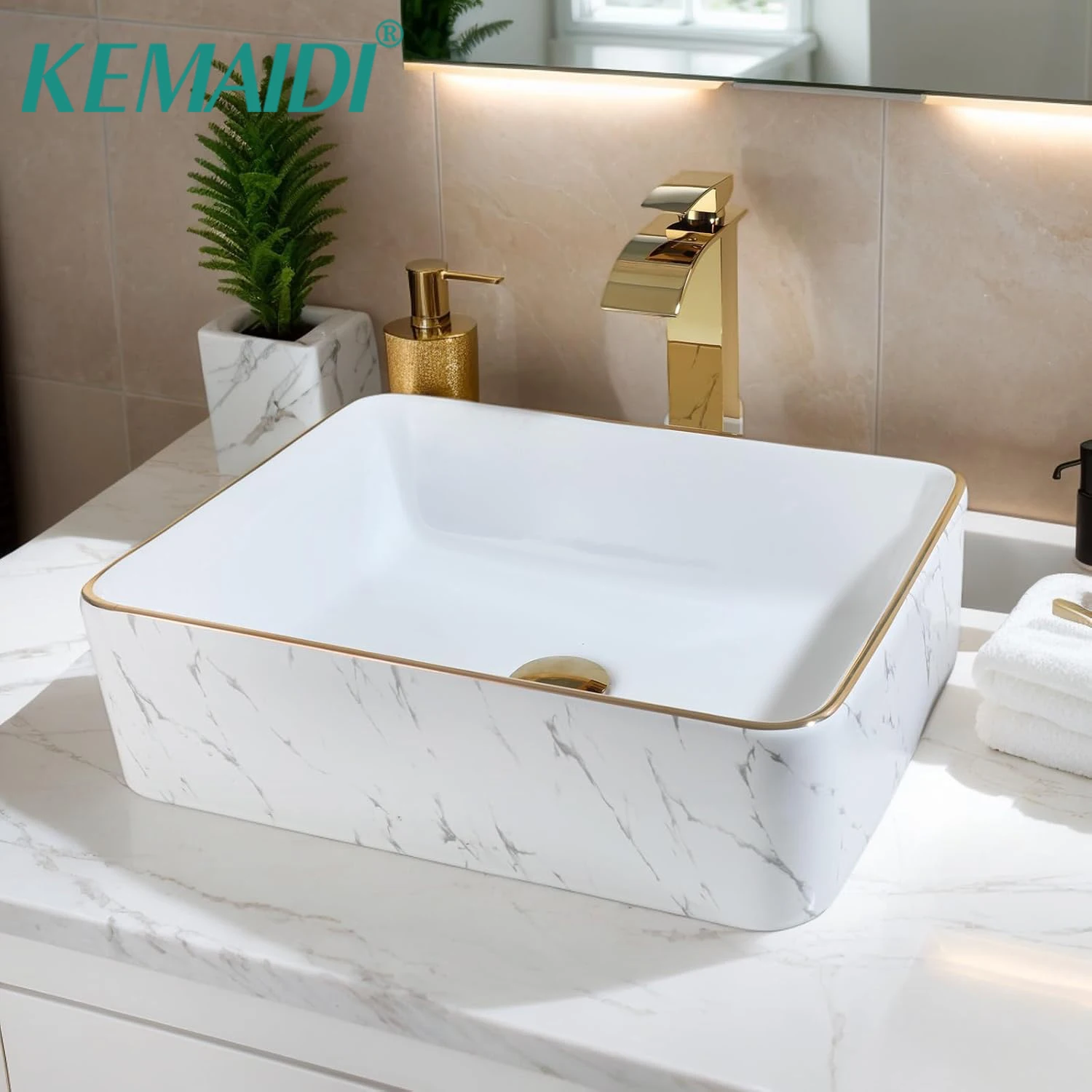 

KEMAIDI 19" Ceramic White Vessel Sink with Gold Trim Porcelain Bathroom Marbled Rectangular Above Counter Bathroom Sink Faucet