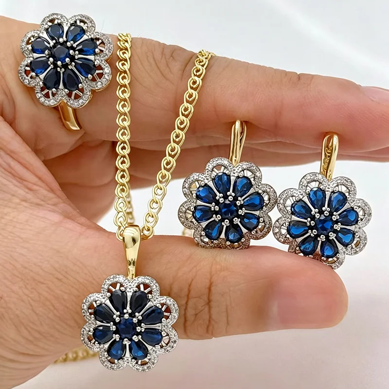 Kinel Hot Shiny Blue Natural Zircon Ring Ohrringe Halskette für Frauen, vergoldet, echtes 14K Gold, Silberfarben, Mix, Alltagsschmuck, Vintage-Schmuck