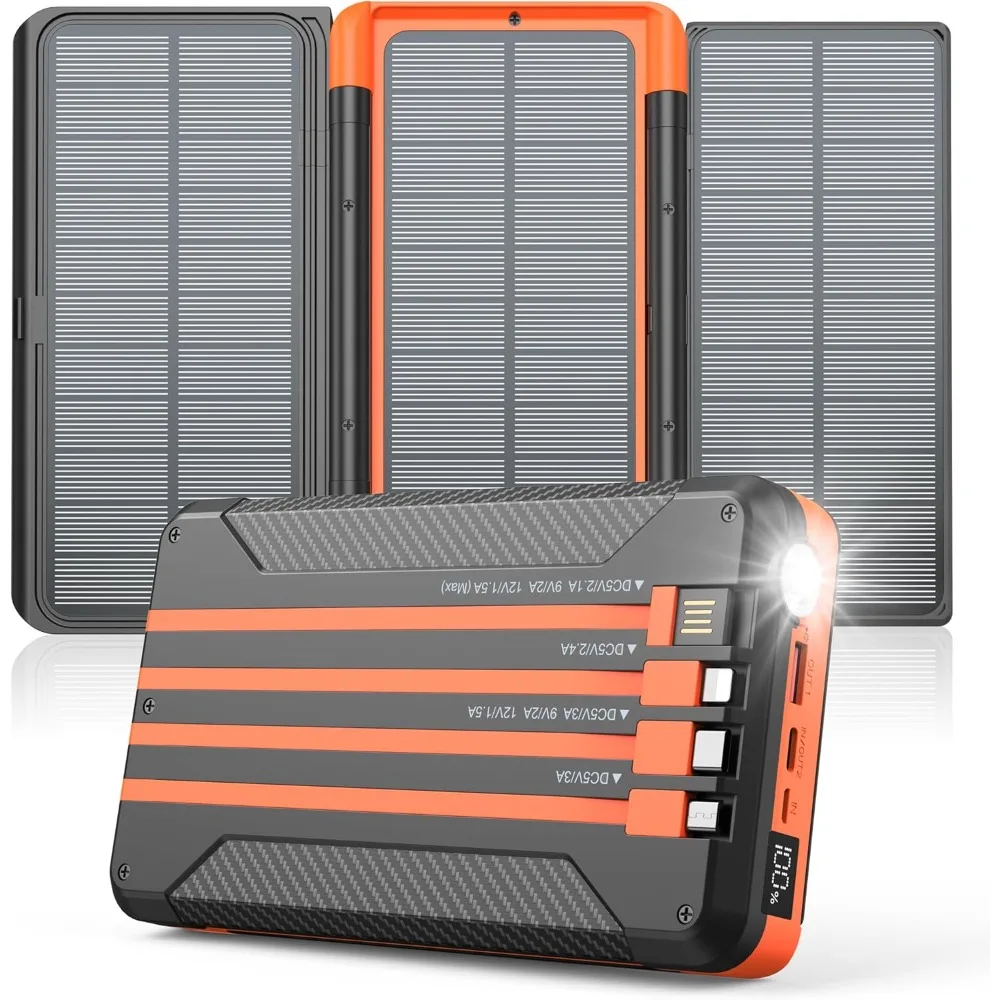 

Power Bank Solar Charger 46800mAh Built in 4 Cables 3 Foldable Solar Panels, PD20W Fast Charging Portable Charger