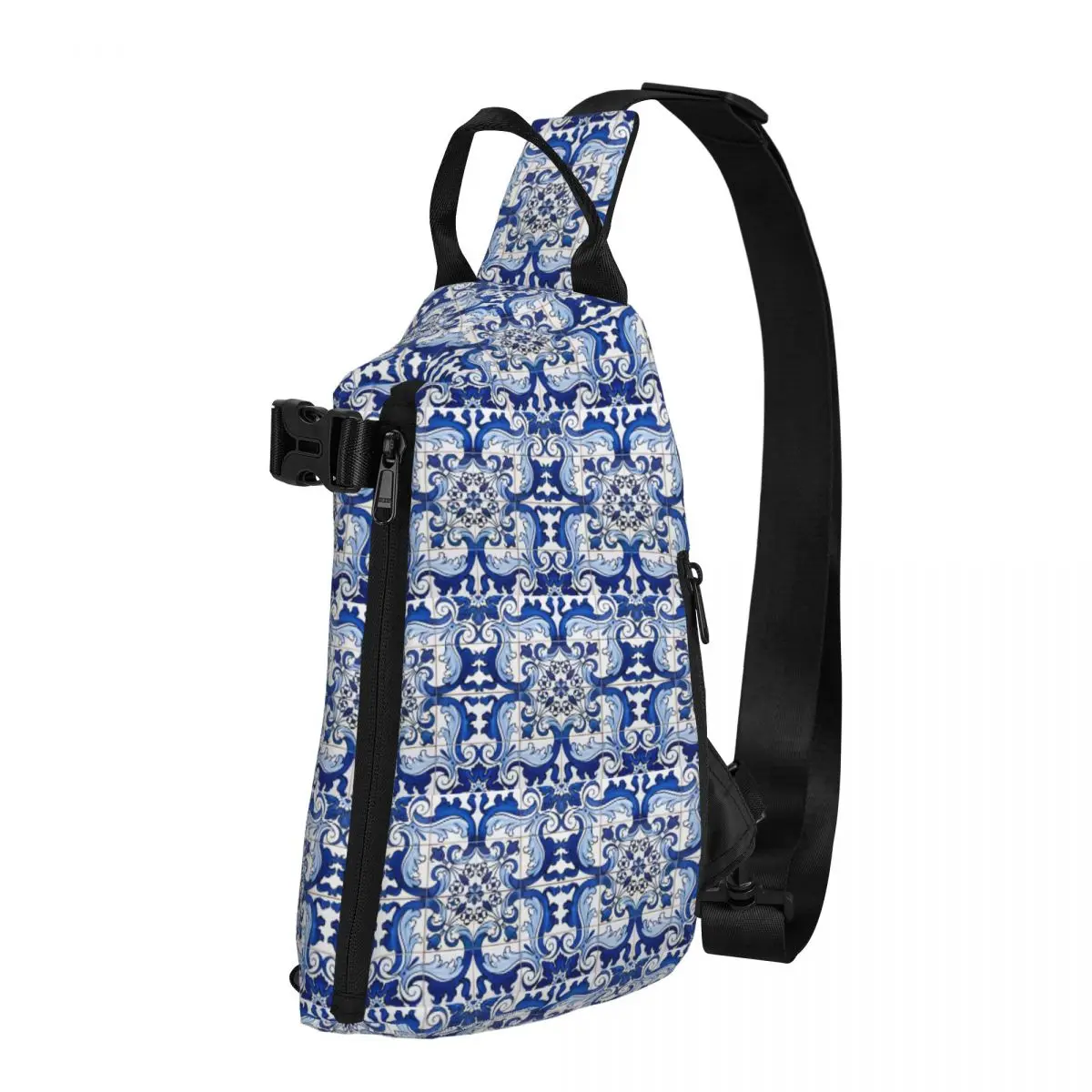 Antique Lisbon Blue Azulejo Tile Floral Chest Bag Men Sling Crossbody Backpack Chest Bag Travel Hiking Daypack Shoulder Bag