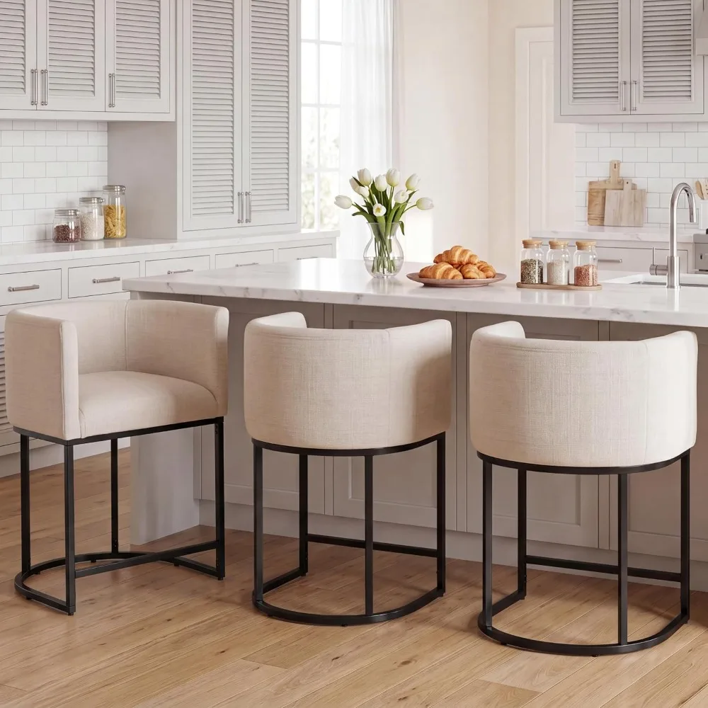 Contemporary Cream Linen Bar Stools Set of 3, 24 Upholstered Fabric Counter Height Barstools Kitchen Counter, Customized
