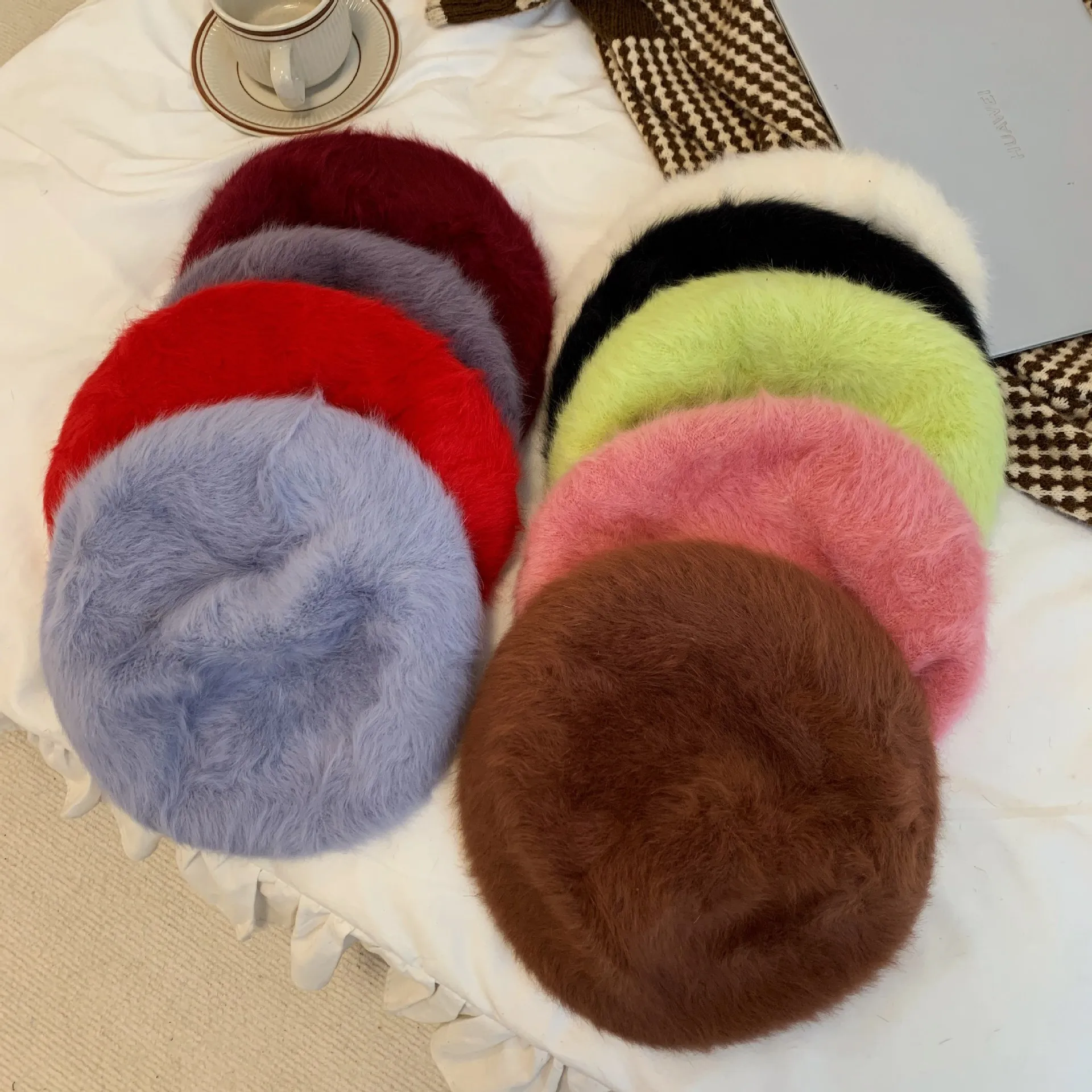 Y2K Rabbit Fur Beret Hat Female Autumn Winter Warm Candy Color All-match Sweet Cute Painter Hats Brim Newsboy Cap Gorras