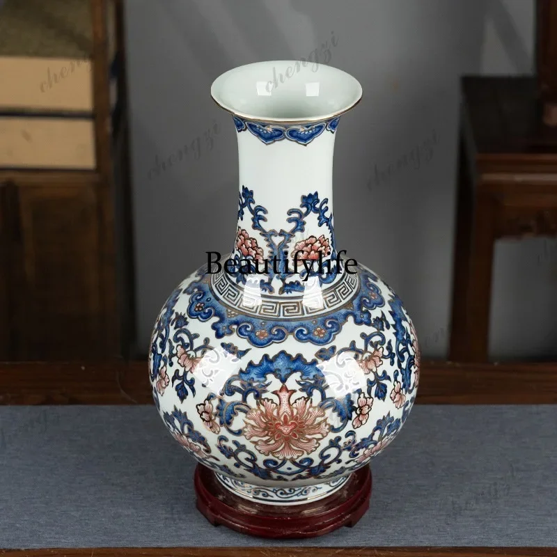 B178 Jingdezhen ceramic high-end gold-painted vase antique blue and white porcelain living room bogu frame decorative ornament