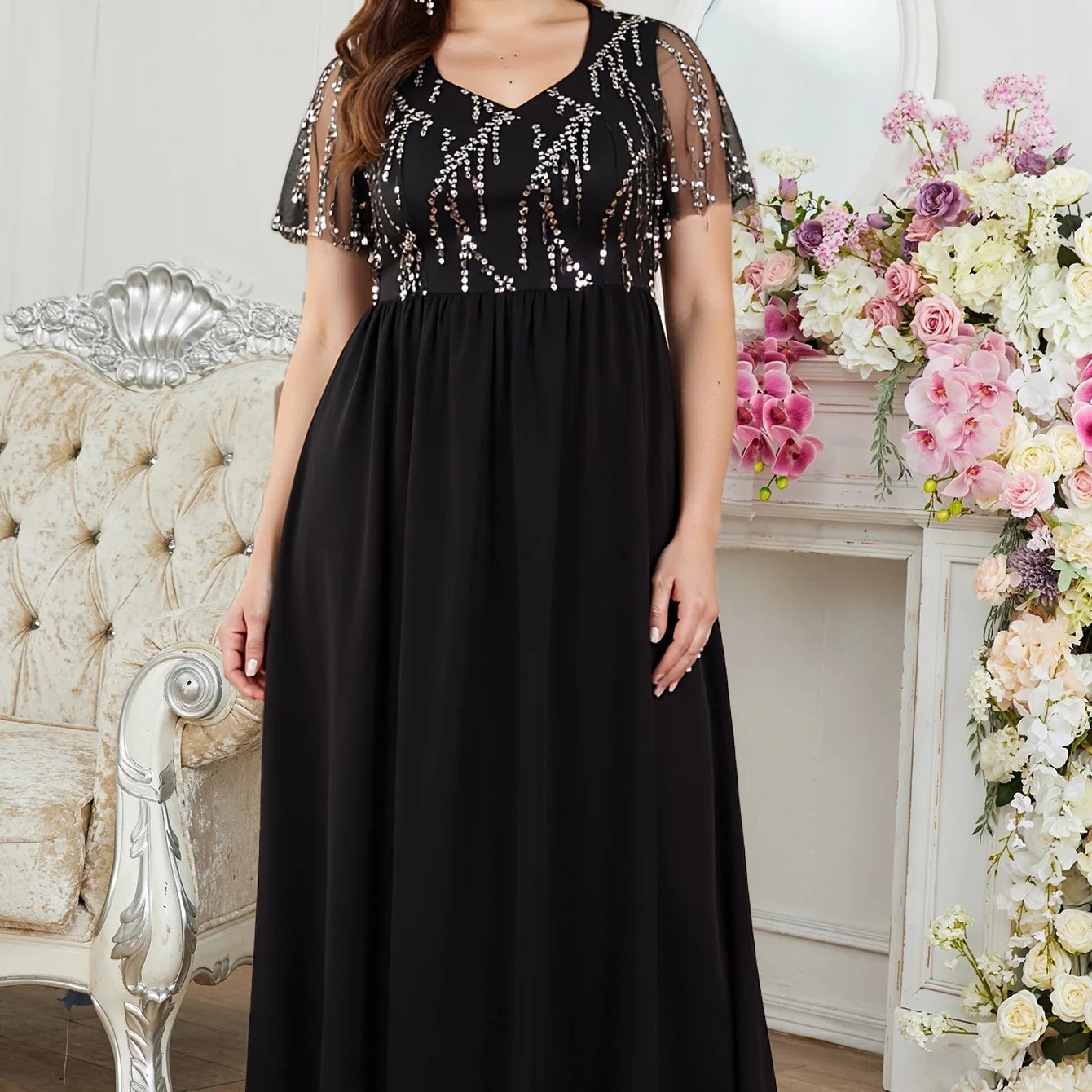 

Plus Size Women's Fashion Sequin Patchwork Chiffon Long Dress Wedding Mom Outfit Sexy 2025 Party Summer Elegantes Casual Y2k